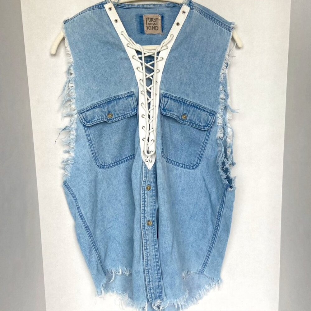 90's Y2K Vintage Style Thrashed Denim Unisex Shirt Sz L